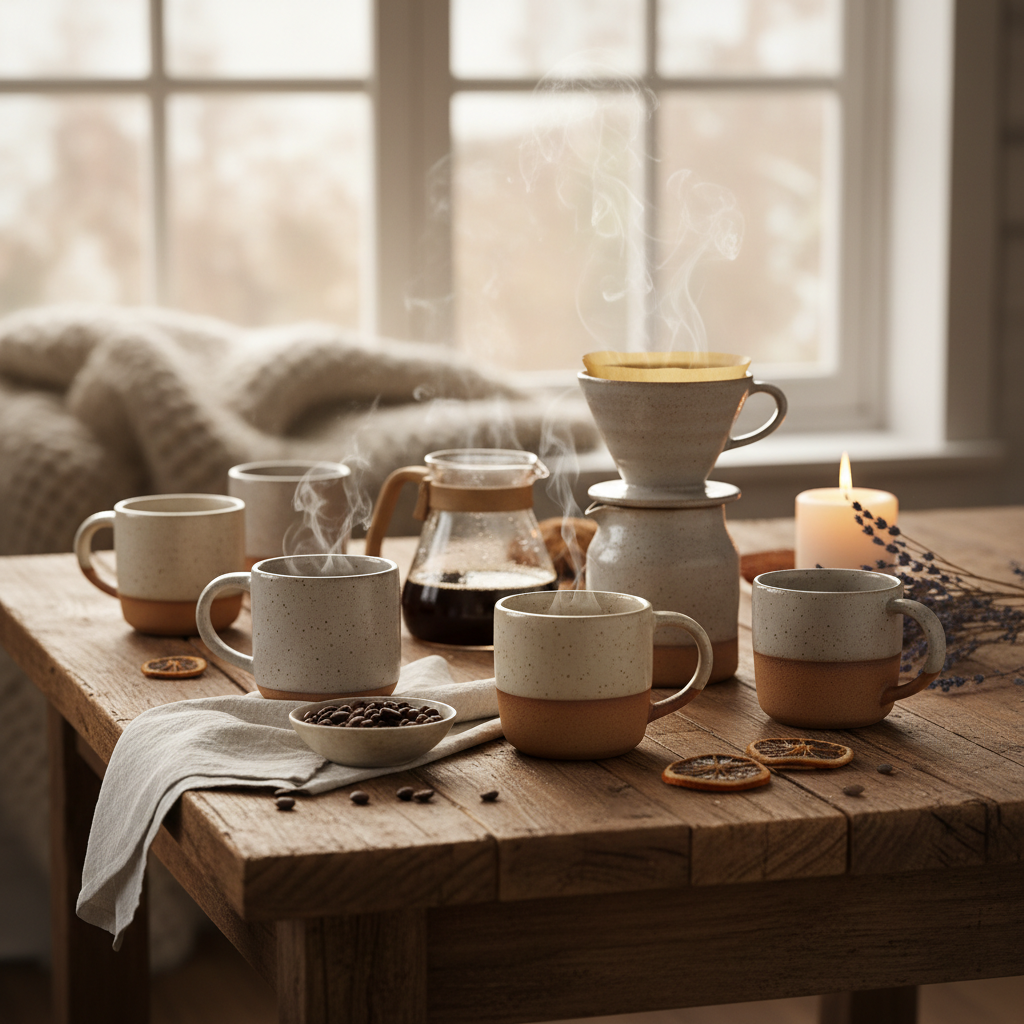 Artisanal ceramic mugs and coffee brewing equipment on a rustic wooden table