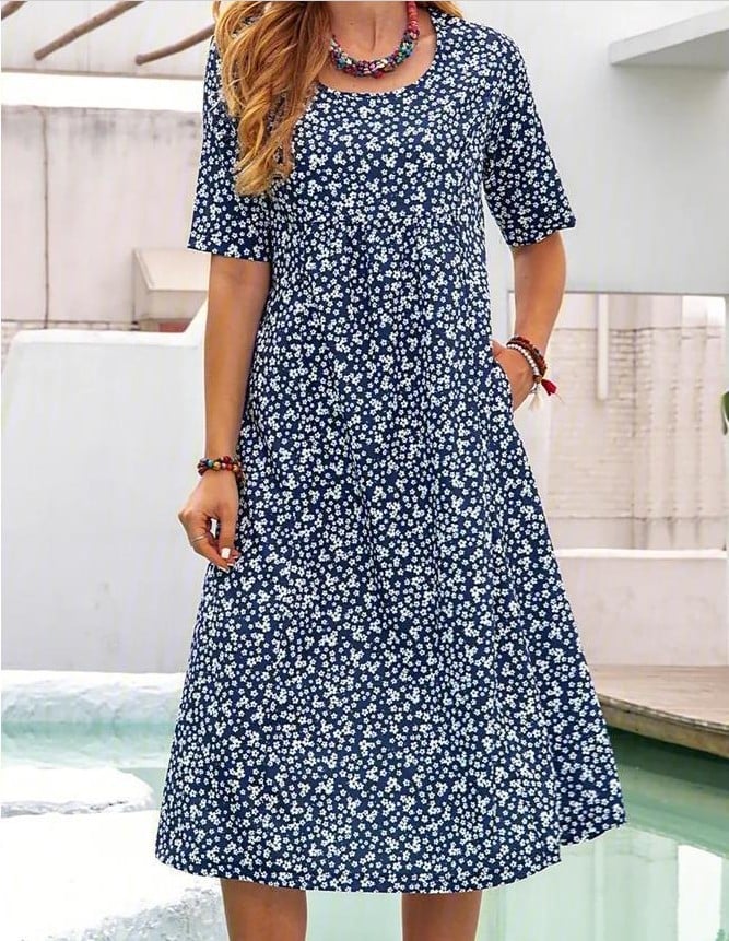 Pocket Short Sleeve Casual Midi Dress