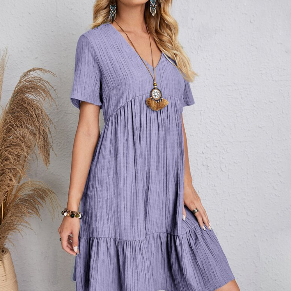 Solid Color V-Neck Midi Dress