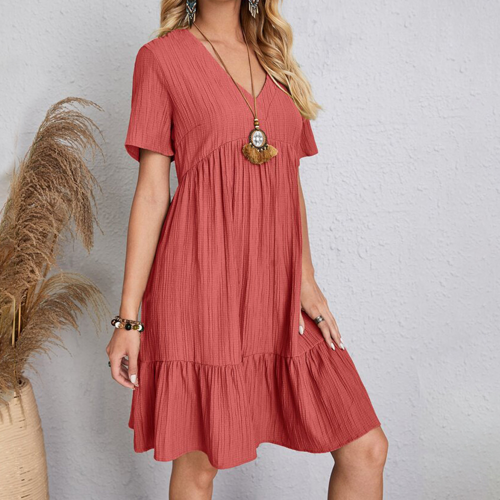 Solid Color V-Neck Midi Dress