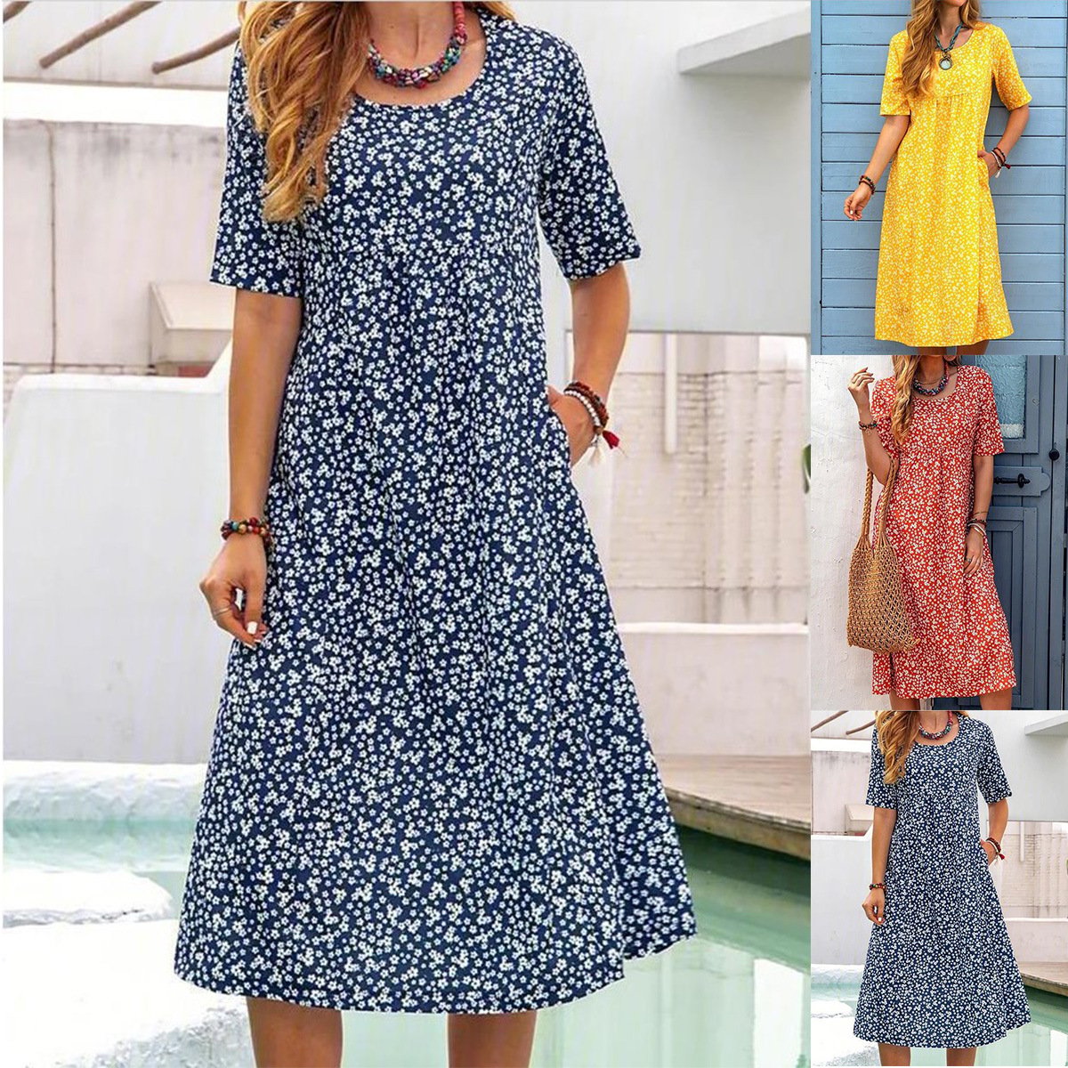 Pocket Short Sleeve Casual Midi Dress