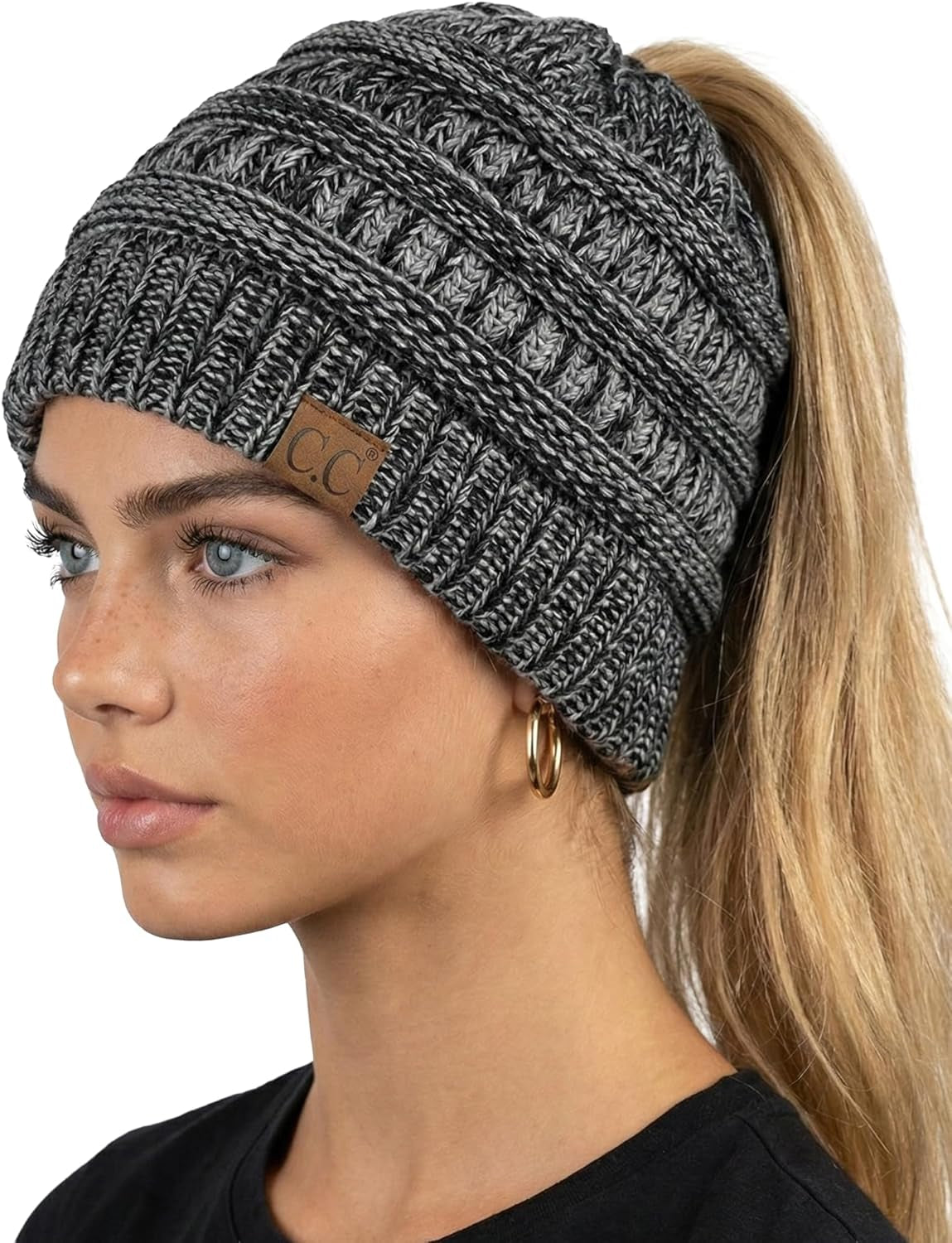 Women'S Beanie Ponytail Messy Bun Beanietail Multi Color Ribbed Hat Cap