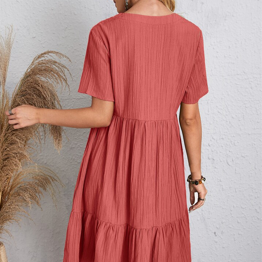 Solid Color V-Neck Midi Dress