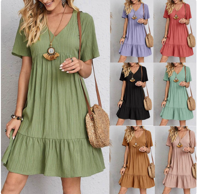 Solid Color V-Neck Midi Dress