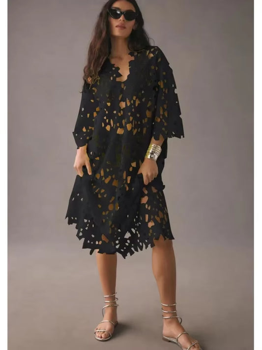 Seductive Elegance: Sexy Lace Hollow Out V-Neck Beach Dress