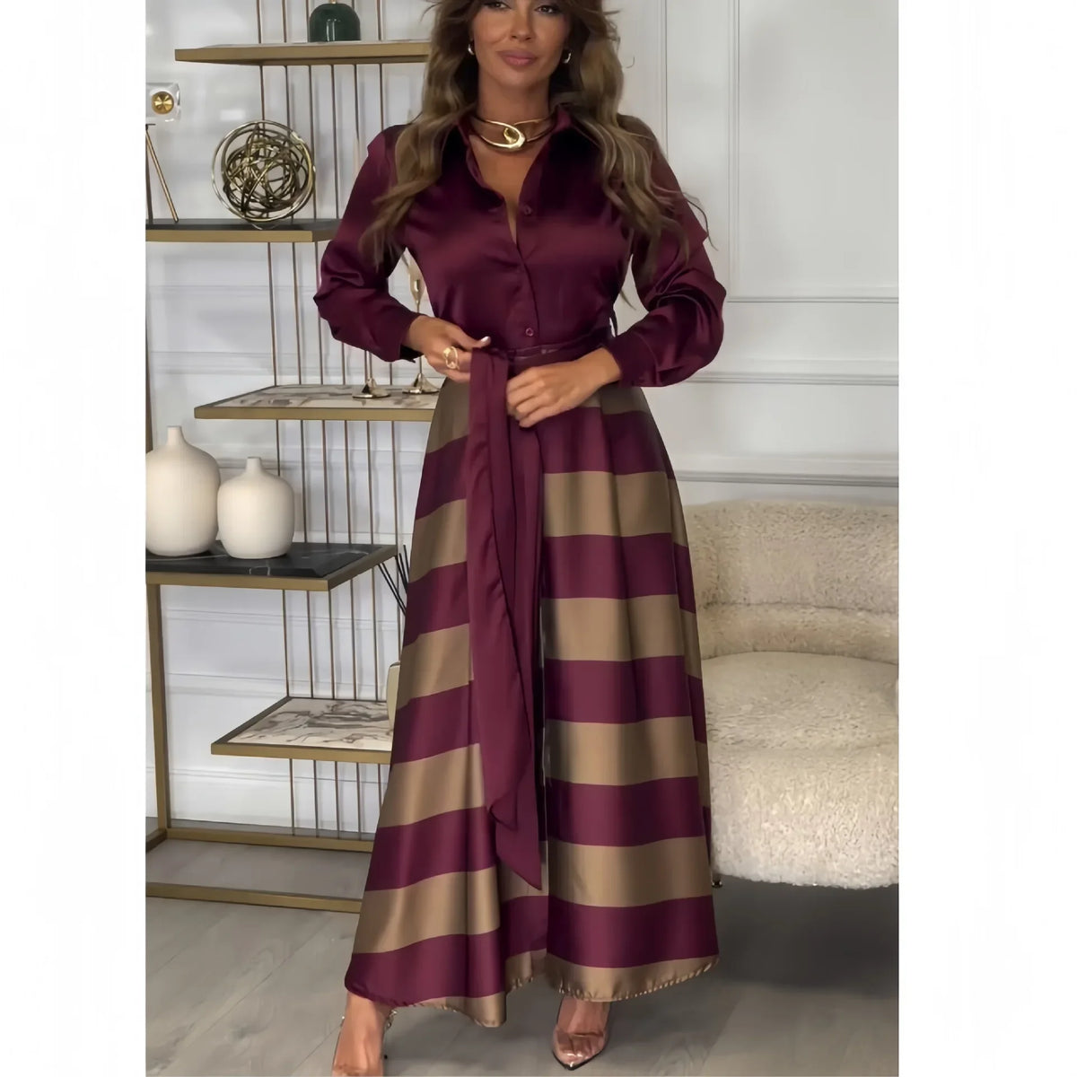 Elegant Grace: Striped Lace-Up Abaya Dress for Modern Muslim Women