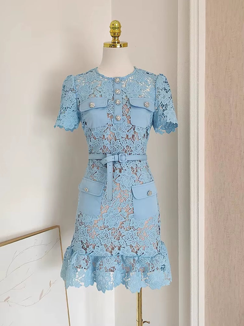 Elegant Summer Lace Dress for Women with Floral Embroidery, Diamond Buttons, Belted Waist, and Ruffle