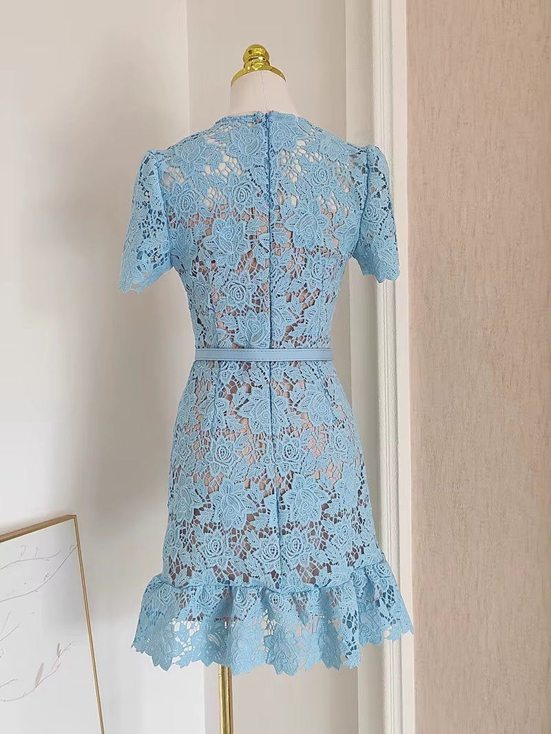 Elegant Summer Lace Dress for Women with Floral Embroidery, Diamond Buttons, Belted Waist, and Ruffle